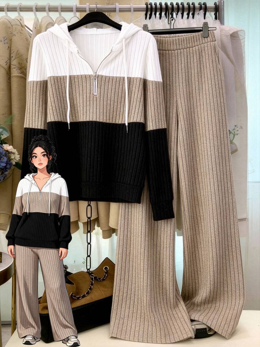 GlowEve CURVE Plus Size Women's Elegant Soft Form Contrast Color Ribbed Knit Brushed Fleece Sweatshirt Pants 2 Pieces Set Black Beige Autumn Airport Office Winter - Multicolor - View 1