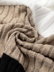 GlowEve CURVE Plus Size Women's Elegant Soft Form Contrast Color Ribbed Knit Brushed Fleece Sweatshirt Pants 2 Pieces Set Black Beige Autumn Airport Office Winter - Multicolor - View 4
