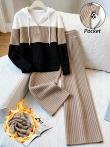 GlowEve CURVE Plus Size Women's Elegant Soft Form Contrast Color Ribbed Knit Brushed Fleece Sweatshirt Pants 2 Pieces Set Black Beige Autumn Airport Office Winter - Multicolor - View 8