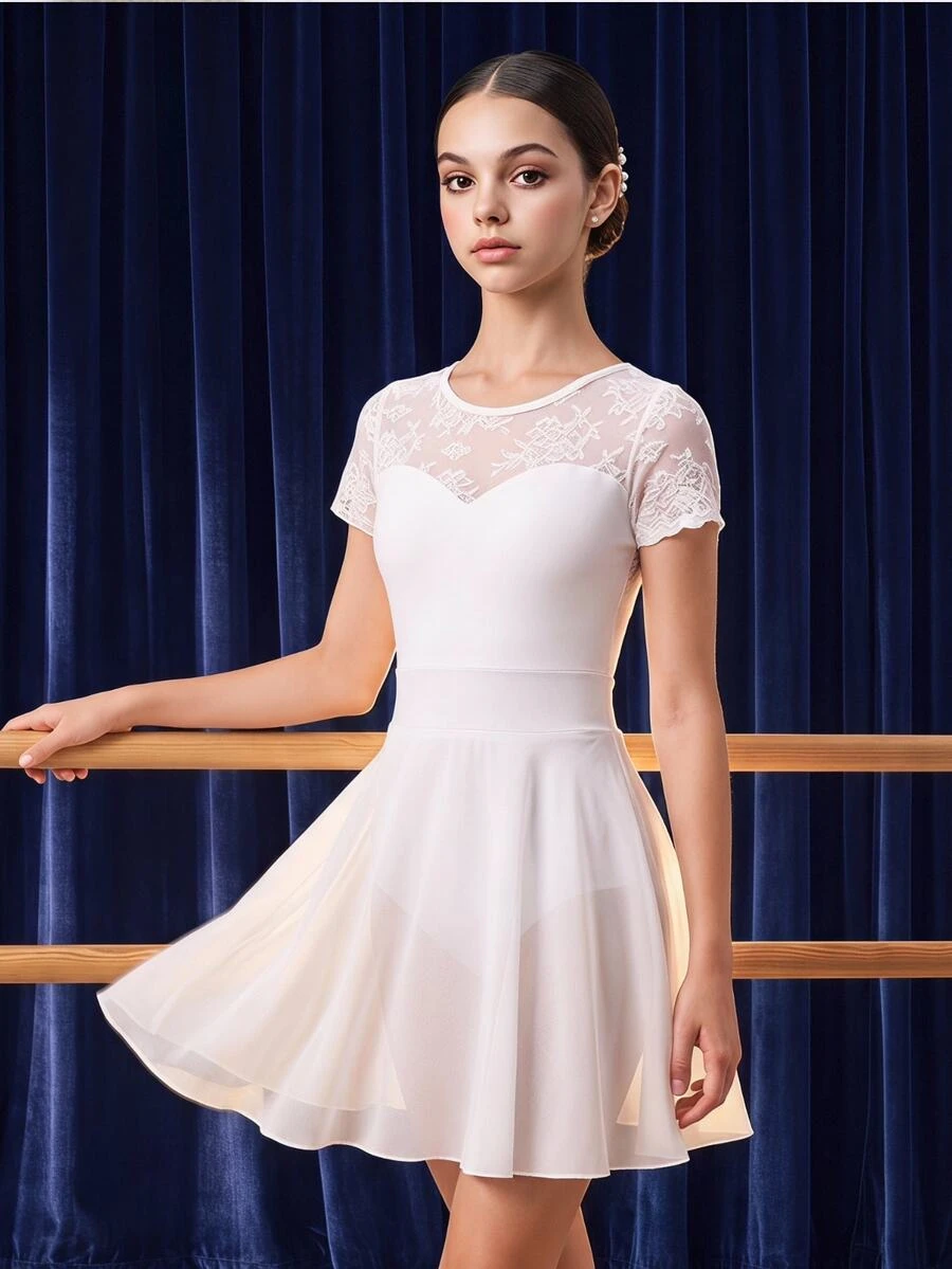 SHEIN Baju Olahraga Terusan Rajut Putih Elegan dengan Hiasan Renda Kontras untuk Remaja Putri - Putih - View 1
