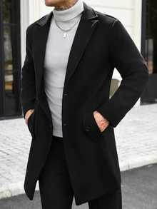 Manfinity CasualCool Men's Solid Color Pocket & Button Front Long Sleeve Overcoat, Autumn Fall, Winter Ceremony - Black - View 5