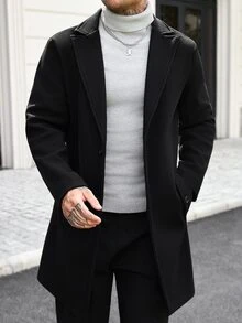 Manfinity CasualCool Men's Solid Color Pocket & Button Front Long Sleeve Overcoat, Autumn Fall, Winter Ceremony - Black - View 8