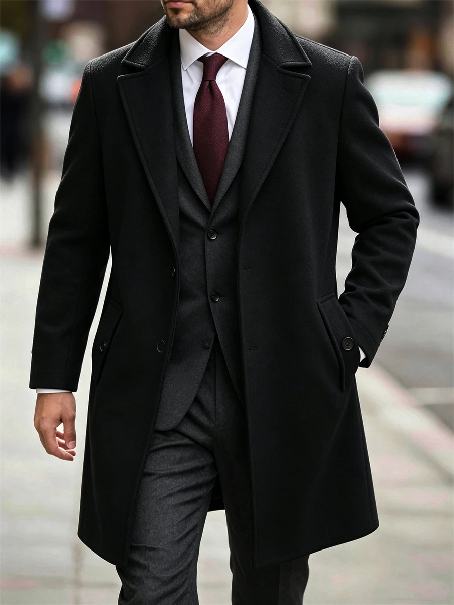 Manfinity CasualCool Men's Solid Color Pocket & Button Front Long Sleeve Overcoat, Autumn Fall, Winter Ceremony - Black - View 1