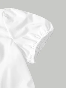 SHEIN MOD 大码女式白色领结泡泡袖修身衬衫。白色泡泡袖衬衫，黑色领结，柔软舒适，浪漫，春夏女装，浪漫优雅的度假派对中长连衣裙，夏季假日装，典礼，海滩度假装，女士度假装，外出上衣，毕业典礼，可爱工作上衣，领结衬衫，女士职业装，工作衬衫，暗黑学院风服装 - 白色 - 查看 7