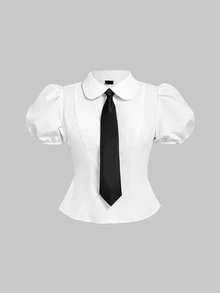 SHEIN MOD 大码女式白色领结泡泡袖修身衬衫。白色泡泡袖衬衫，黑色领结，柔软舒适，浪漫，春夏女装，浪漫优雅的度假派对中长连衣裙，夏季假日装，典礼，海滩度假装，女士度假装，外出上衣，毕业典礼，可爱工作上衣，领结衬衫，女士职业装，工作衬衫，暗黑学院风服装 - 白色 - 查看 1