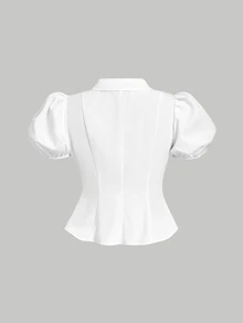 SHEIN MOD 大码女式白色领结泡泡袖修身衬衫。白色泡泡袖衬衫，黑色领结，柔软舒适，浪漫，春夏女装，浪漫优雅的度假派对中长连衣裙，夏季假日装，典礼，海滩度假装，女士度假装，外出上衣，毕业典礼，可爱工作上衣，领结衬衫，女士职业装，工作衬衫，暗黑学院风服装 - 白色 - 查看 8