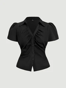 SHEIN MOD 大码女式V领荷叶边喇叭袖衬衫，收腰设计，黑色，女巫风，纽扣衬衫，适合音乐会、机场等场合，短袖衬衫 - 黑色 - 查看 1