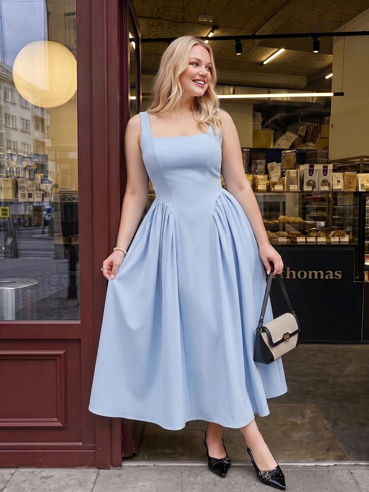 SHEIN MOD Plus Size Women's Sky Blue Summer Elegant Formal Spaghetti Strap Dress,Bow Back Decor,Backless Long Graduation Corset Dress,Brunch Outfits Flowy Dress - Blue - View 8
