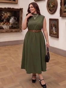 SHEIN MOD 大尺碼女款純色無袖洋裝，優雅辦公洋裝（附腰帶）綠色復古橄欖色夏季穿搭休閒聖誕造型 - 軍綠色 - 查看 5