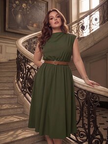 SHEIN MOD 大尺碼女款純色無袖洋裝，優雅辦公洋裝（附腰帶）綠色復古橄欖色夏季穿搭休閒聖誕造型 - 軍綠色 - 查看 3