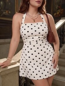 SHEIN MOD 女士圆点图案挂脖迷你连衣裙 - 杏色 - 查看 2