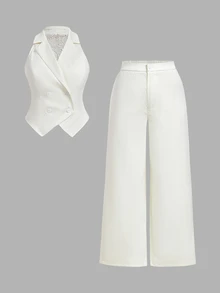 SHEIN MOD 大尺碼女款白色蕾絲拼接無袖優雅修身西裝套裝，適合外出、婚禮賓客、返校季、節慶、假日，夏秋款 - 白色 - 查看 12
