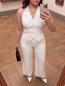 SHEIN MOD 大尺碼女款白色蕾絲拼接無袖優雅修身西裝套裝，適合外出、婚禮賓客、返校季、節慶、假日，夏秋款 - 白色 - 查看 8