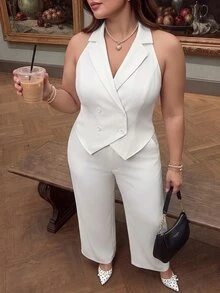 SHEIN MOD 大尺碼女款白色蕾絲拼接無袖優雅修身西裝套裝，適合外出、婚禮賓客、返校季、節慶、假日，夏秋款 - 白色 - 查看 7