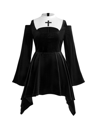 ROMWE Avant Plus-Size Halloween Cosplay Costume: Dark-Style Nun Outfit Featuring A Color-Block Cross Design And Off-The-Shoulder Cut-Perfect For Halloween Parties
