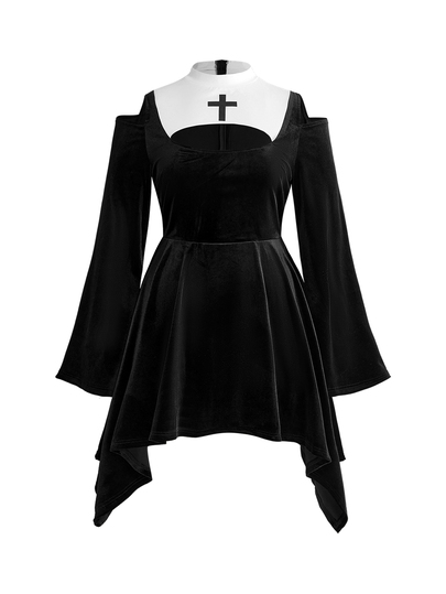 ROMWE Avant Costume de Cosplay Halloween Grande Taille : Tenue de Nonne Style Sombre avec Design de Croix blocs de couleurs et Coupe Épaules Dénudées - Parfait pour les Fêtes d'Halloween