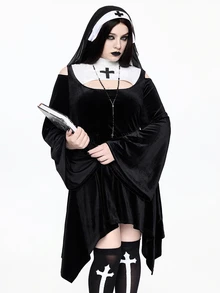 ROMWE Avant Kostum Cosplay Halloween Ukuran Besar: Pakaian Biarawati Bergaya Gelap dengan Desain Salib Blok Warna dan Potongan Bahu Terbuka - Sempurna untuk Pesta Halloween - Hitam dan Putih - View 6