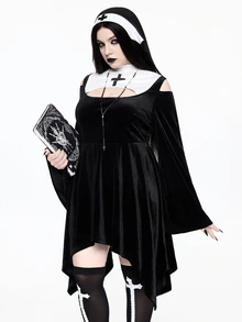 ROMWE Avant Kostum Cosplay Halloween Ukuran Besar: Pakaian Biarawati Bergaya Gelap dengan Desain Salib Blok Warna dan Potongan Bahu Terbuka - Sempurna untuk Pesta Halloween - Hitam dan Putih - View 5