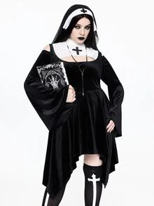 ROMWE Avant Kostum Cosplay Halloween Ukuran Besar: Pakaian Biarawati Bergaya Gelap dengan Desain Salib Blok Warna dan Potongan Bahu Terbuka - Sempurna untuk Pesta Halloween - Hitam dan Putih - View 4