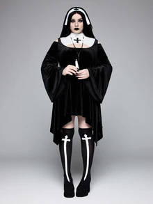 ROMWE Avant Kostum Cosplay Halloween Ukuran Besar: Pakaian Biarawati Bergaya Gelap dengan Desain Salib Blok Warna dan Potongan Bahu Terbuka - Sempurna untuk Pesta Halloween - Hitam dan Putih - View 1