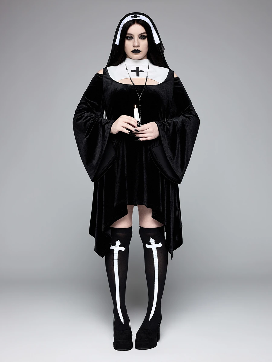 ROMWE Avant Kostum Cosplay Halloween Ukuran Besar: Pakaian Biarawati Bergaya Gelap dengan Desain Salib Blok Warna dan Potongan Bahu Terbuka - Sempurna untuk Pesta Halloween - Hitam dan Putih - View 1