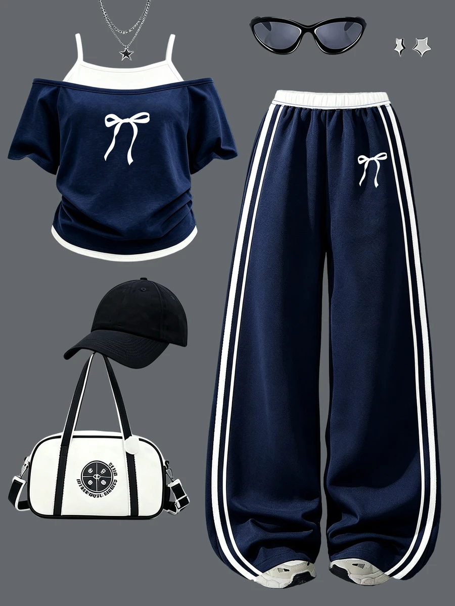 Tween Girls Fall Bow Print Off-Shoulder T-Shirt & Striped Wide Leg Pants Set, Back To School Casual Autumn Outfit - Multicolor - View 1