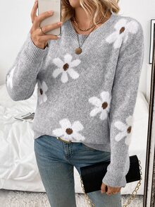SHEIN 女士休闲蓬松花朵图案圆领落肩长袖针织套头毛衣，秋冬款 - 灰色 - 查看 5