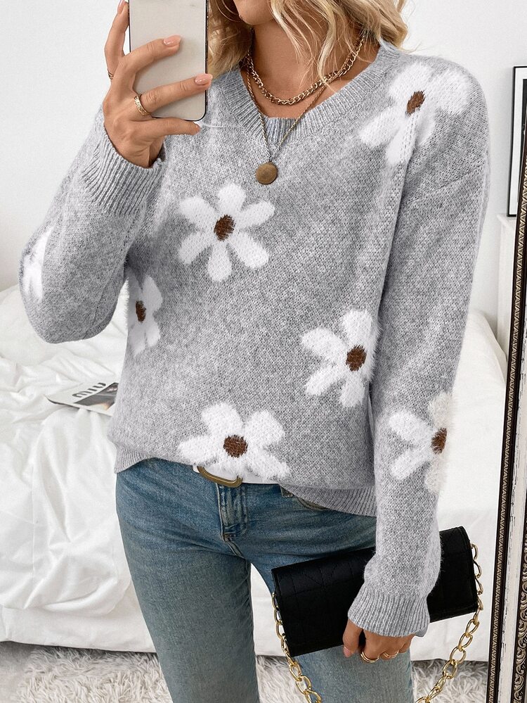 SHEIN 女士休闲蓬松花朵图案圆领落肩长袖针织套头毛衣，秋冬款 - 灰色 - 查看 5