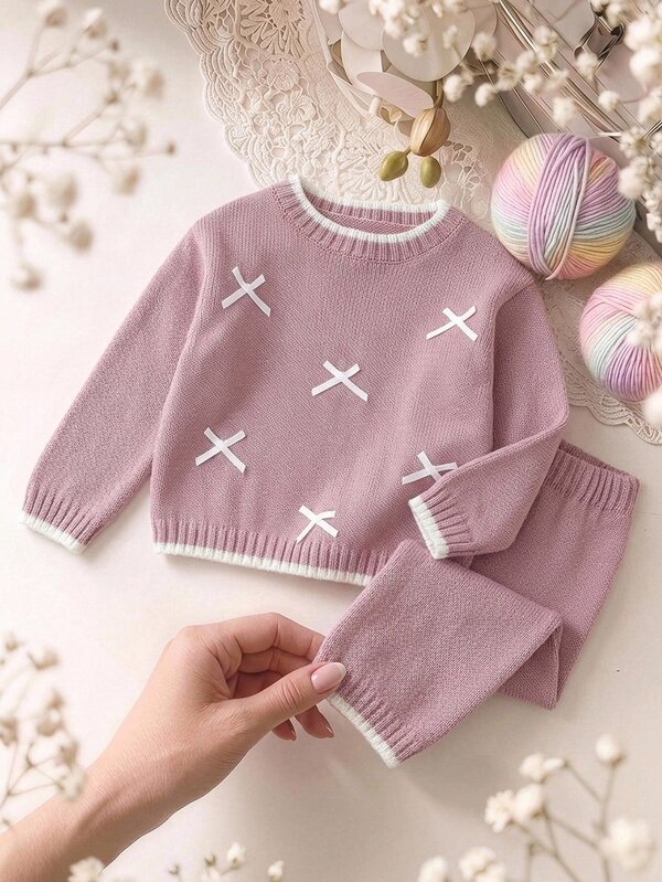 SHEIN Young Girl Knit Colorblock Round Neck 3D Bow Casual Sweater And Long Pants 2 Pieces Set