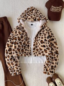 SHEIN 1pc Tween Girls' Soft Fuzzy Jacket, Elegant & Noble Long Sleeve Short Slim Fit Hooded Coat, Suitable For Autumn/Winter - White - View 5