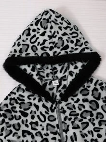 SHEIN 青少年女孩街頭風/Y2K風格舒適豹紋毛絨連帽拉鍊外套，拼色毛絨短版夾克，長袖 - 灰色 - 查看 5
