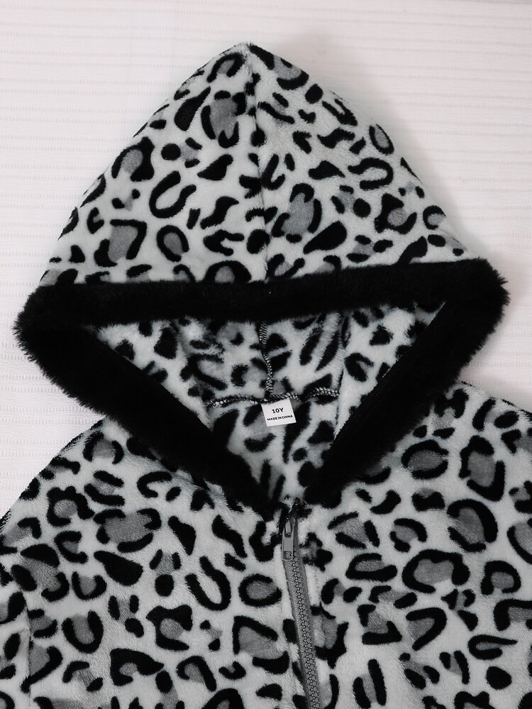SHEIN Tween Girls' Streetwear/Y2K Style Comfortable Leopard Print Fuzzy Hooded Zip-Up Jacket, Colorblock Plush Short Jacket, Suitable For Autumn/Winter Outdoor Wear - Grey - View 5