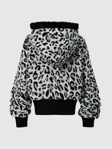 SHEIN 青少年女孩街頭風/Y2K風格舒適豹紋毛絨連帽拉鍊外套，拼色毛絨短版夾克，長袖 - 灰色 - 查看 2