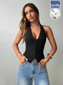 Aloruh Women's Sexy U-Neck Hook Design Backless Halter Tank Top Night Out Club Black Summer - Black - View 5
