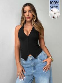 Aloruh Women's Sexy U-Neck Hook Design Backless Halter Tank Top Night Out Club Black Summer - Black - View 6