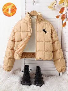 SHEIN 青少年女孩美式復古短版冬季加厚棉襖 - 卡其色 - 查看 8