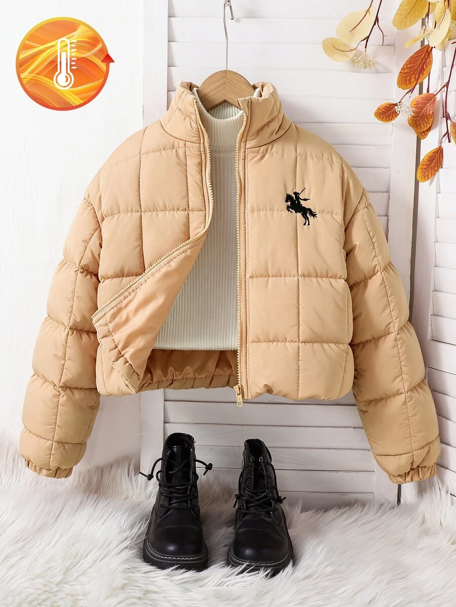 SHEIN Tween Girl American Retro Short Winter Padded Coat - Khaki - View 1