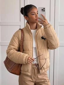 SHEIN 青少年女孩美式復古短版冬季加厚棉襖 - 卡其色 - 查看 1