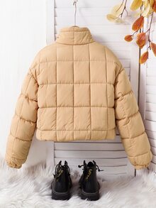 SHEIN 青少年女孩美式復古短版冬季加厚棉襖 - 卡其色 - 查看 2