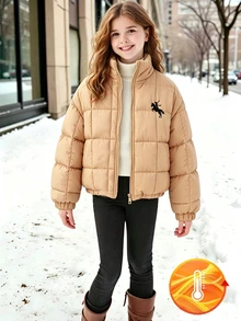 SHEIN 青少年女孩美式復古短版冬季加厚棉襖 - 卡其色 - 查看 4