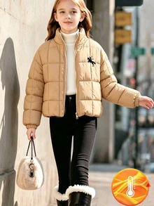 SHEIN 青少年女孩美式復古短版冬季加厚棉襖 - 卡其色 - 查看 3