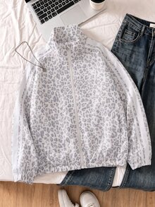 SHEIN 青少年女孩豹紋長袖拉鍊休閒夾克 - 白色 - 查看 2