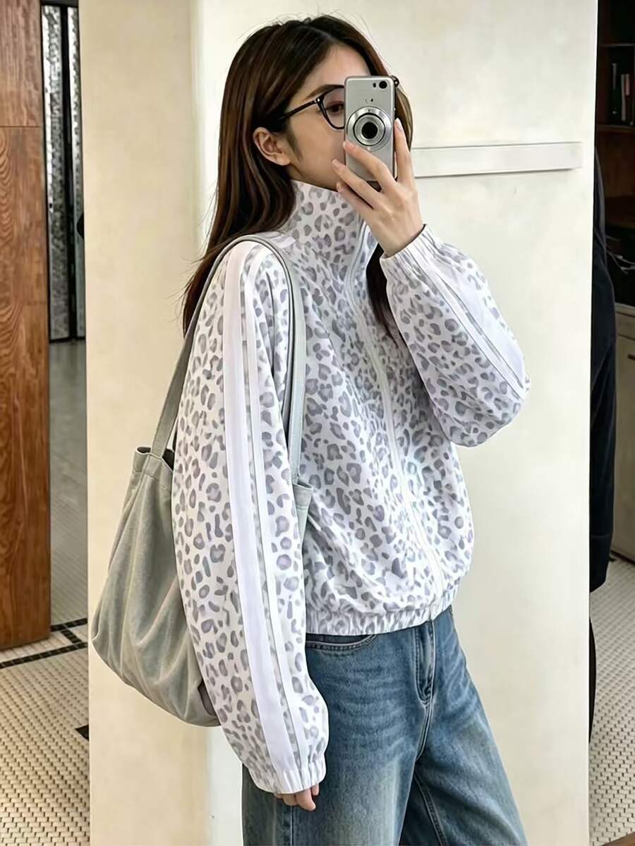 SHEIN جاكيت كاجوال بطبعة نمر بأكمام طويلة وسحاب للفتيات المراهقات - أبيض - مشاهدة 1