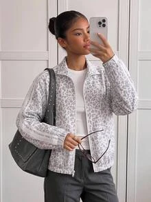 SHEIN 青少年女孩豹紋長袖拉鍊休閒夾克 - 白色 - 查看 1