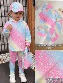 SHEIN 女童馬卡龍漸層星星連帽套裝，休閒柔軟長袖兩件式套裝 - 彩色 - 查看 2