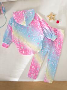 SHEIN 女童馬卡龍漸層星星連帽套裝，休閒柔軟長袖兩件式套裝 - 彩色 - 查看 4
