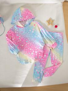 SHEIN 女童馬卡龍漸層星星連帽套裝，休閒柔軟長袖兩件式套裝 - 彩色 - 查看 3