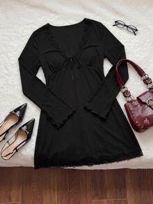Comfortcana Tie-Dye Floral Print Mesh Bell Sleeve V-Neck A-Line Plus Size Casual Vacation Dress Fall - Black - View 8