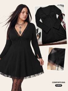 Comfortcana Tie-Dye Floral Print Mesh Bell Sleeve V-Neck A-Line Plus Size Casual Vacation Dress Fall - Black - View 5
