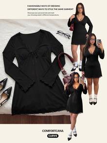 Comfortcana Tie-Dye Floral Print Mesh Bell Sleeve V-Neck A-Line Plus Size Casual Vacation Dress Fall - Black - View 11